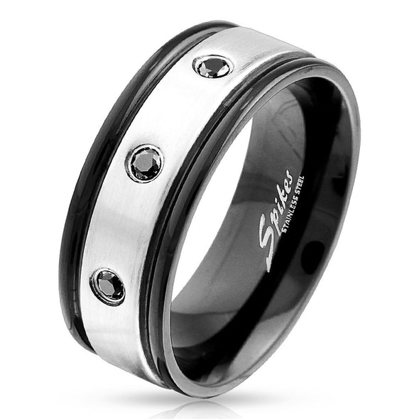 3 Black CZ Steel Center with Black IP Edge Stainless Steel Ring-WildKlass Jewelry