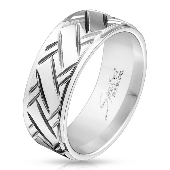 Diamond Cut with Stepped Edge Stainless Steel Ring-WildKlass Jewelry