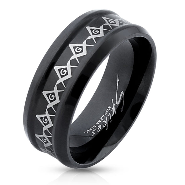 Laser Etched Masonic Symbols Black IP Stainless Steel Ring-WildKlass Jewelry