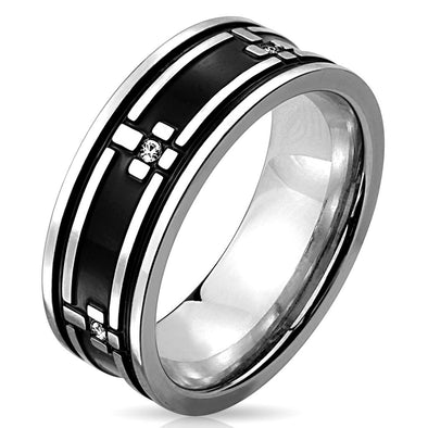 Cross Pattern with Clear CZ Black IP Stainless Steel Ring-WildKlass Jewelry