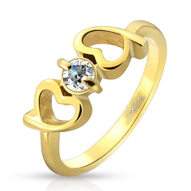 Hearts with Clear CZ Gold IP Stainless Steel Ring-WildKlass Jewelry