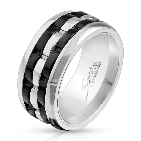 Two Tone Grooved 3-Part Spinner Center Stainless Steel Ring-WildKlass Jewelry