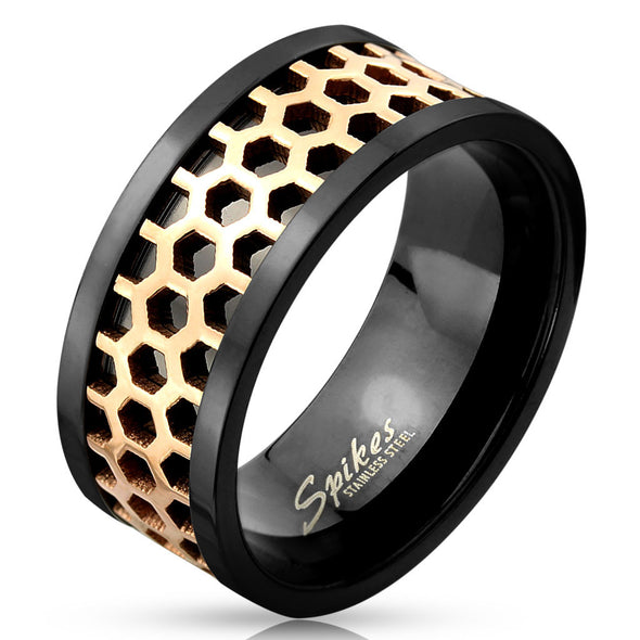 Two Tone Honey Comb Center Black IP Stainless Steel Ring-WildKlass Jewelry