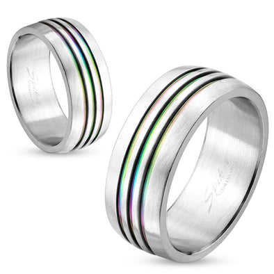 Dome Three Rainbow IP Striped Stainless Steel Couple Ring-WildKlass Jewelry