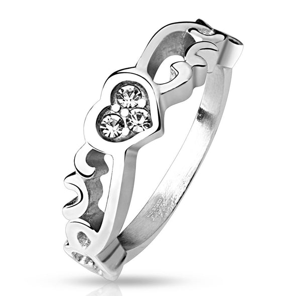 Vintage Heart with 3 CZ Stainless Steel Ring-WildKlass Jewelry