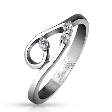 Double Curve with Three Clear CZs Stainless Steel Ring-WildKlass Jewelry