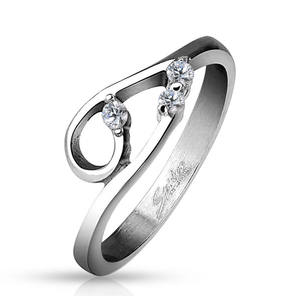 Double Curve with Three Clear CZs Stainless Steel Ring-WildKlass Jewelry