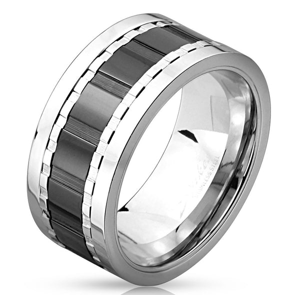 Multi Grooved Two Tone Black IP Stainless Steel Spinner Ring-WildKlass Jewelry