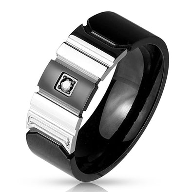 Black CZ Centered IP Black and shiny Steel 2-Tone Stainless Steel Rings-WildKlass Jewelry