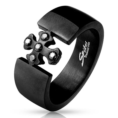 Black Stone set Cross Center IP Black Stainless Steel Rings-WildKlass Jewelry