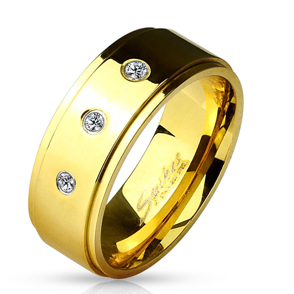 3 CZ Set Stepped Edge Gold IP Stainless Steel Rings-WildKlass Jewelry