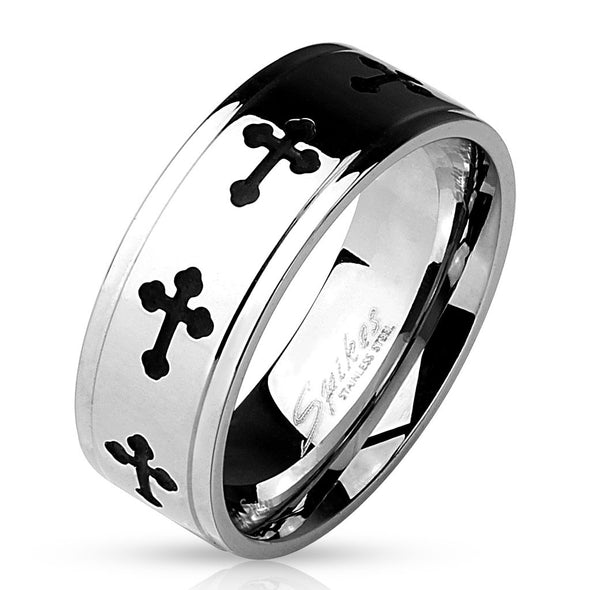 Black IP Celtic Crosses with Grooved Edges 316L Stainless Steel Rings-WildKlass Jewelry