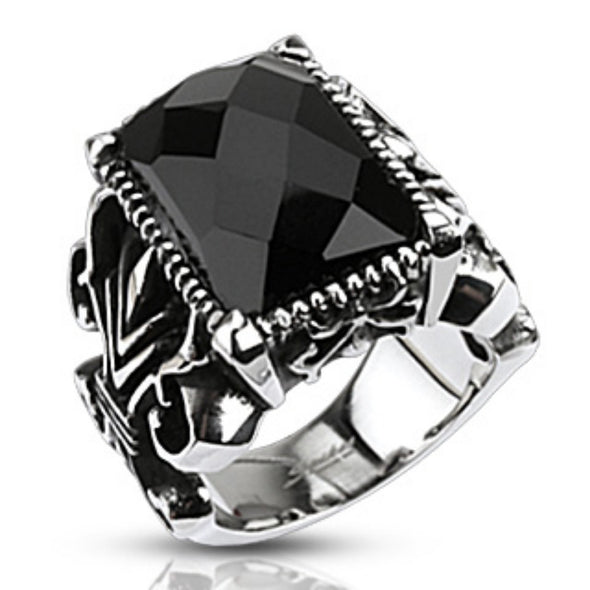 Rectangle Onyx Faceted Stone set Gothic Ring 316L Stainless Steel-WildKlass Jewelry