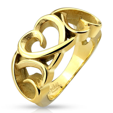 Three Hollow Heart Gold IP Stainless Steel Cast Ring-WildKlass Jewelry