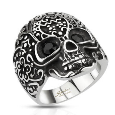 Decorated Skull with Black Gemmed Eyes Wide Cast Ring Stainless Steel-WildKlass Jewelry