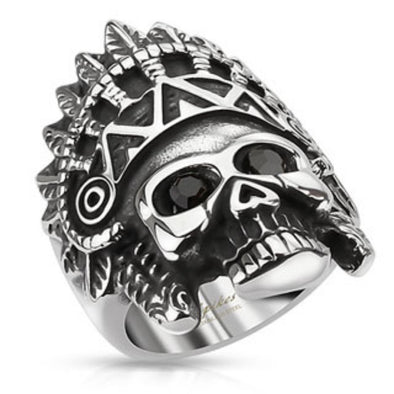 Apache Headress Skull with Black Gemmed Eyes Wide Cast Ring Stainless Steel-WildKlass Jewelry