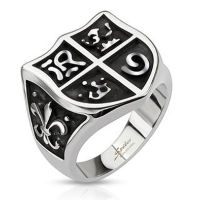 Medieval Shield and Fleur de Lis Wide Cast Ring Stainless Steel-WildKlass Jewelry