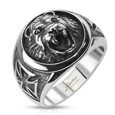 Lion Head w/ Celtic Cross Cast Ring Stainless Steel-WildKlass Jewelry