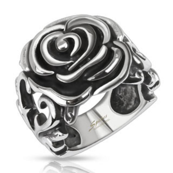 Rose with Heart Vines Wide Cast Ring Stainless Steel-WildKlass Jewelry