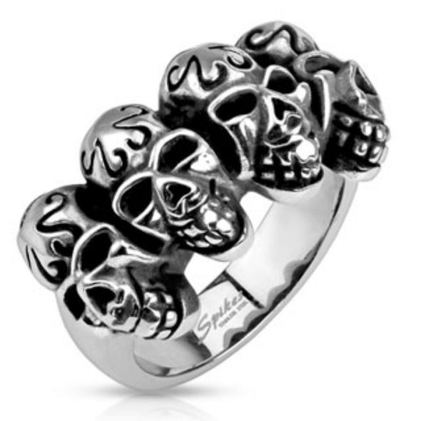 Tribal Linked Skulls Ring Stainless Steel-WildKlass Jewelry