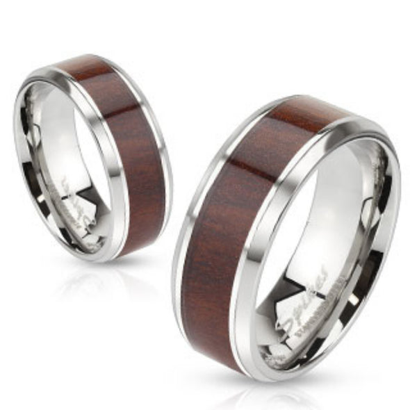 Wood Center Stainless Steel Beveled Edge Band Ring-WildKlass Jewelry