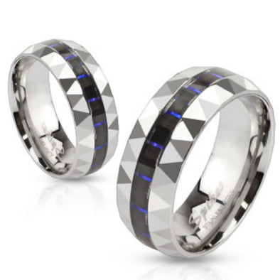 Blue and Black Carbon Fiber Inlay Stainless Steel Faceted Edge Band Ring-WildKlass Jewelry