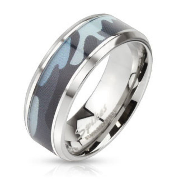 Blue Camouflage Inlay Stainless Steel Beveled Edge Band Ring-WildKlass Jewelry