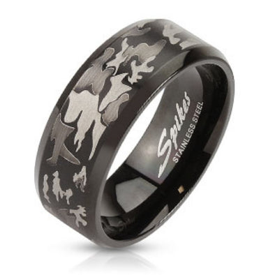 Camouflage Laser Etched Black IP Over Stainless Steel Band Ring-WildKlass Jewelry