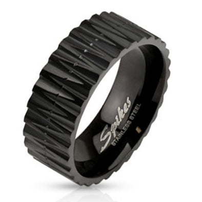 Zigzag Cut Black IP Band Ring Stainless Steel-WildKlass Jewelry