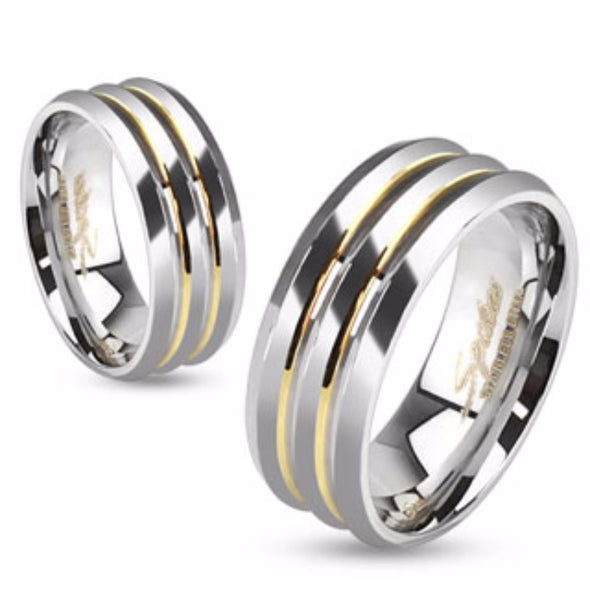 Three Layered with Gold IP Lines Stainless Steel Ring-WildKlass Jewelry