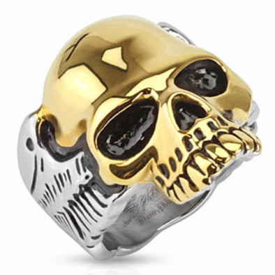 Skull Gold IP Two Tone Biker Ring Stainless Steel-WildKlass Jewelry