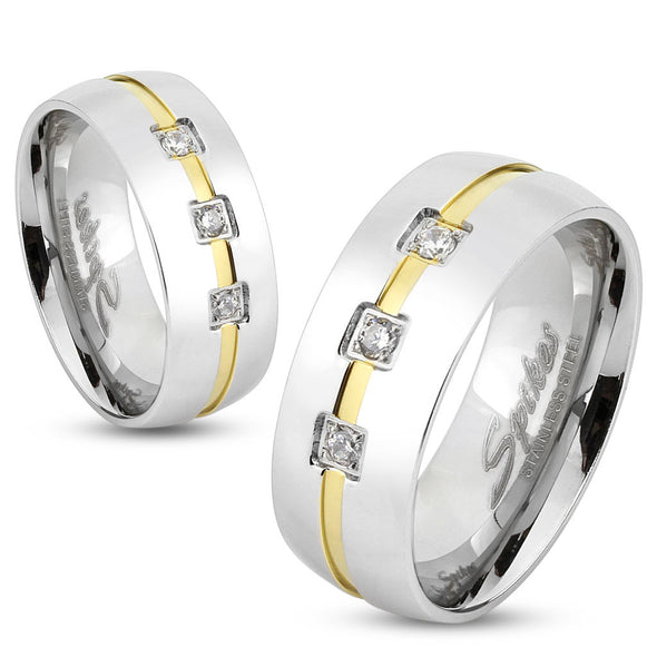 Three Gems with Gold IP Line Center Stainless Steel Ring-WildKlass Jewelry