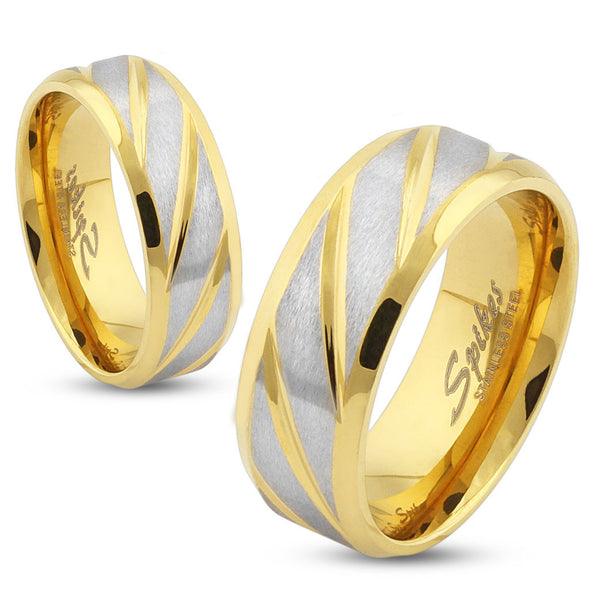 Diagonal Striped Gold IP Stainless Steel Ring-WildKlass Jewelry