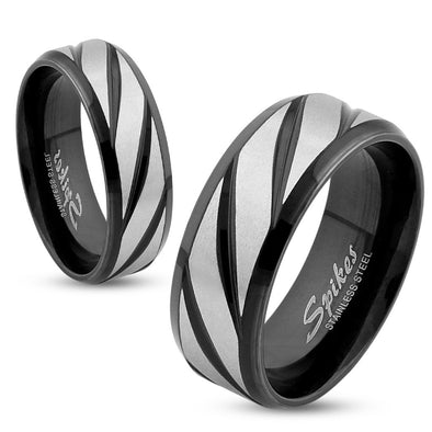 Diagonal Striped Black IP Stainless Steel Ring-WildKlass Jewelry