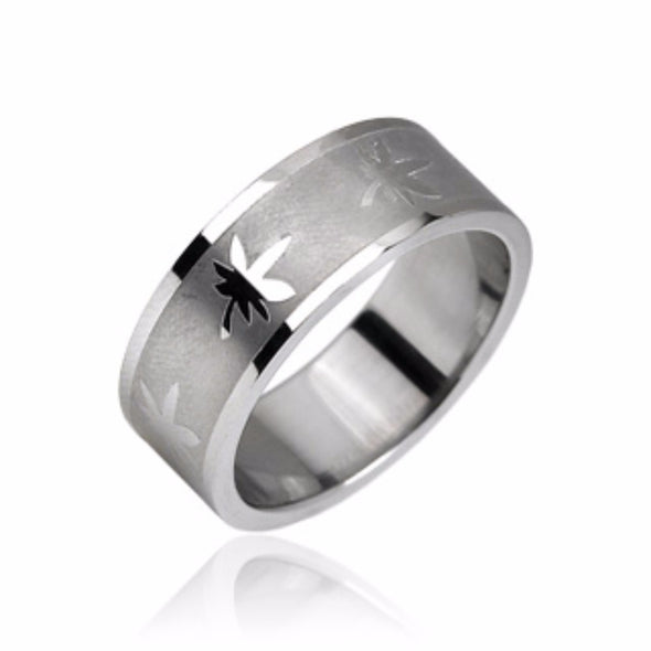 Brushed Center with Shiny Polished Pot Leaves Stainless Steel Rings-WildKlass Jewelry