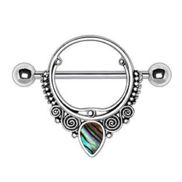 WildKlass 316L Stainless Steel Ornate Nipple Shield with Tear Drop Abalone-WildKlass Jewelry